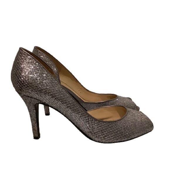 MARC FISHER SPARKLY PEEP TOE SILVER HEELS SIZE 8.5 - Picture 3 of 9